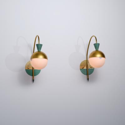 Pair of 1950s Italian Brass Sconces Attributed to Stilnovo with Opaline Globes