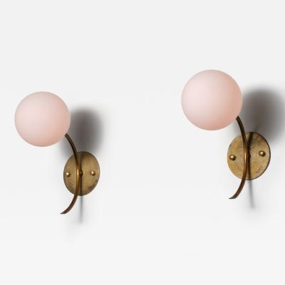 Pair of 1950s Italian Brass Sconces with Opaline Glass Globes