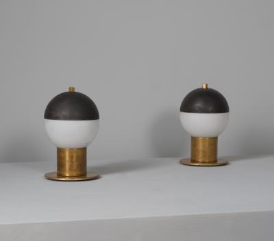 Pair of 1950s Italian Brass Table Lamps with Spherical Opaline Glass Shades
