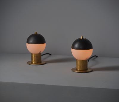 Pair of 1950s Italian Brass Table Lamps with Spherical Opaline Glass Shades