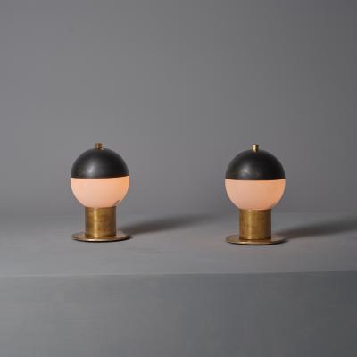 Pair of 1950s Italian Brass Table Lamps with Spherical Opaline Glass Shades