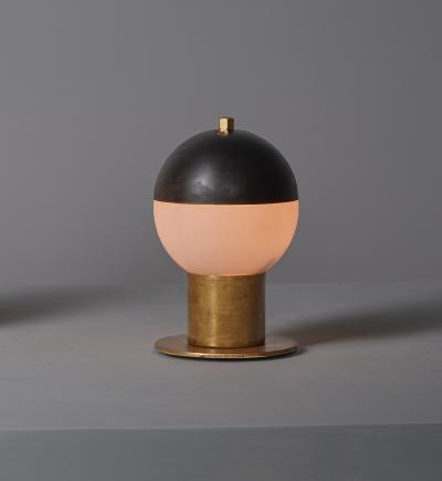 Pair of 1950s Italian Brass Table Lamps with Spherical Opaline Glass Shades