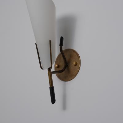 Pair of 1950s Italian Brass Wall Sconces with Opaline Glass Cone Shades