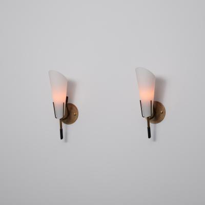 Pair of 1950s Italian Brass Wall Sconces with Opaline Glass Cone Shades