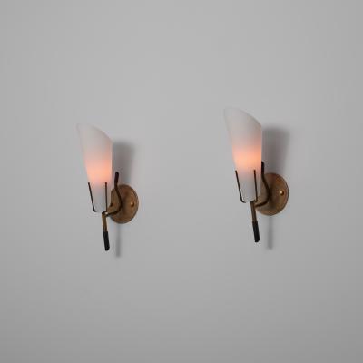 Pair of 1950s Italian Brass Wall Sconces with Opaline Glass Cone Shades