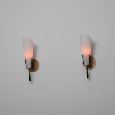 Pair of 1950s Italian Brass Wall Sconces with Opaline Glass Cone Shades
