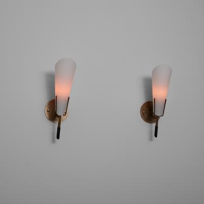 Pair of 1950s Italian Brass Wall Sconces with Opaline Glass Cone Shades