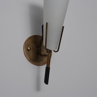 Pair of 1950s Italian Brass Wall Sconces with Opaline Glass Cone Shades