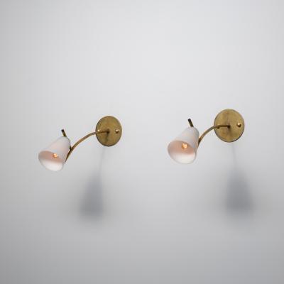 Pair of 1950s Italian Brass Wall Sconces with Opaline Glass Conical Shades