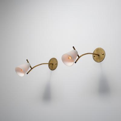 Pair of 1950s Italian Brass Wall Sconces with Opaline Glass Conical Shades