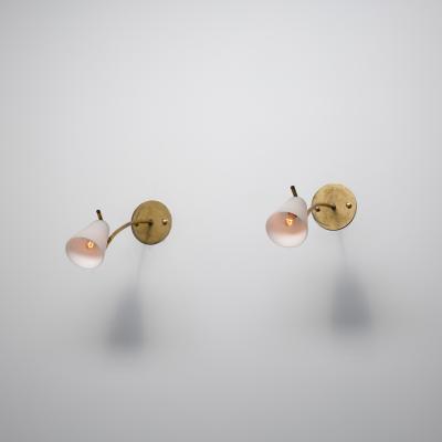Pair of 1950s Italian Brass Wall Sconces with Opaline Glass Conical Shades