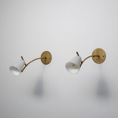Pair of 1950s Italian Brass Wall Sconces with Opaline Glass Conical Shades