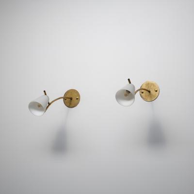 Pair of 1950s Italian Brass Wall Sconces with Opaline Glass Conical Shades