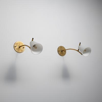 Pair of 1950s Italian Brass Wall Sconces with Opaline Glass Conical Shades