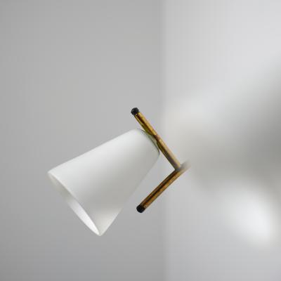 Pair of 1950s Italian Brass Wall Sconces with Opaline Glass Conical Shades