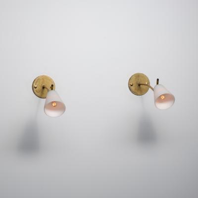 Pair of 1950s Italian Brass Wall Sconces with Opaline Glass Conical Shades