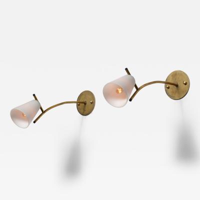 Pair of 1950s Italian Brass Wall Sconces with Opaline Glass Conical Shades