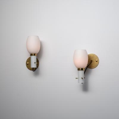 Pair of 1950s Italian Brass Wall Sconces with Opaline Glass Shades