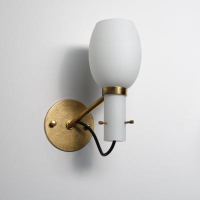 Pair of 1950s Italian Brass Wall Sconces with Opaline Glass Shades