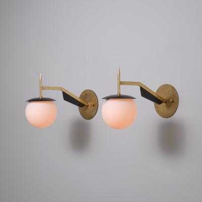 Pair of 1950s Italian Brass and Black Sconces with Opaline Glass Globes
