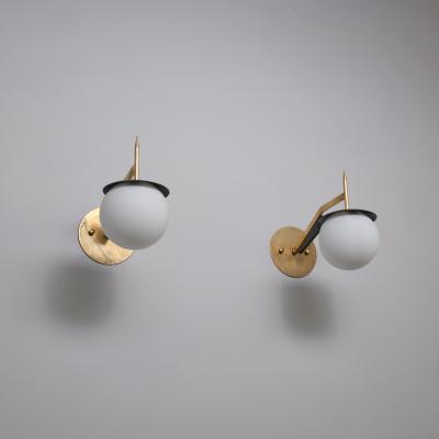 Pair of 1950s Italian Brass and Black Sconces with Opaline Glass Globes