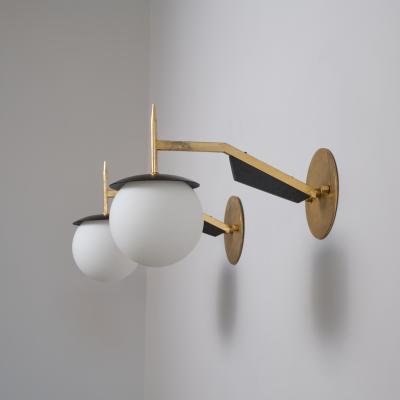 Pair of 1950s Italian Brass and Black Sconces with Opaline Glass Globes
