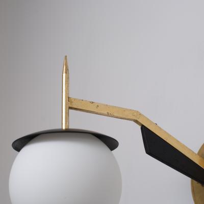 Pair of 1950s Italian Brass and Black Sconces with Opaline Glass Globes