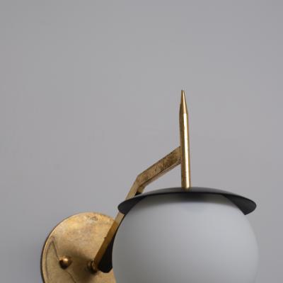 Pair of 1950s Italian Brass and Black Sconces with Opaline Glass Globes