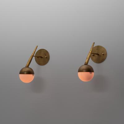 Pair of 1950s Italian Brass and Opaline Glass Globe Wall Sconces