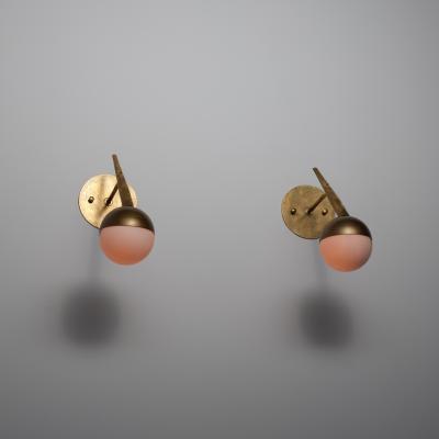 Pair of 1950s Italian Brass and Opaline Glass Globe Wall Sconces