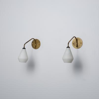 Pair of 1950s Italian Brass and Opaline Glass Wall Sconces