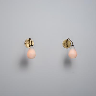 Pair of 1950s Italian Brass and Opaline Glass Wall Sconces