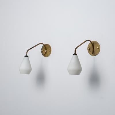 Pair of 1950s Italian Brass and Opaline Glass Wall Sconces