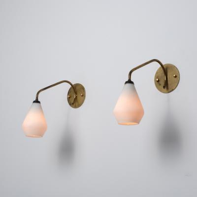 Pair of 1950s Italian Brass and Opaline Glass Wall Sconces