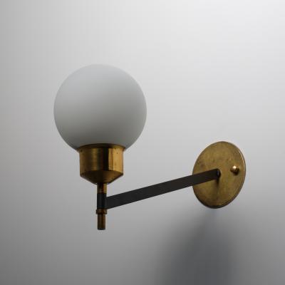 Pair of 1950s Italian Wall Sconces in Brass Black Steel and Opaline Glass