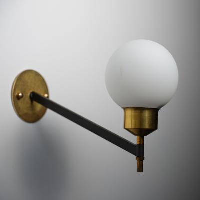 Pair of 1950s Italian Wall Sconces in Brass Black Steel and Opaline Glass