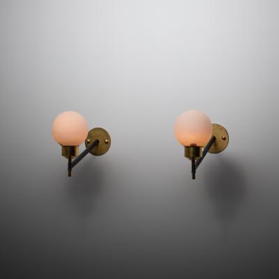 Pair of 1950s Italian Wall Sconces in Brass Black Steel and Opaline Glass