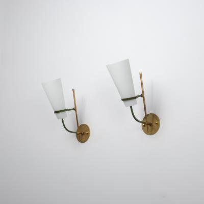 Pair of 1950s Italian Wall Sconces in Brass Green Metal and Opaline Glass