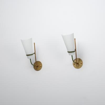 Pair of 1950s Italian Wall Sconces in Brass Green Metal and Opaline Glass