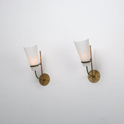 Pair of 1950s Italian Wall Sconces in Brass Green Metal and Opaline Glass