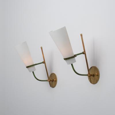 Pair of 1950s Italian Wall Sconces in Brass Green Metal and Opaline Glass