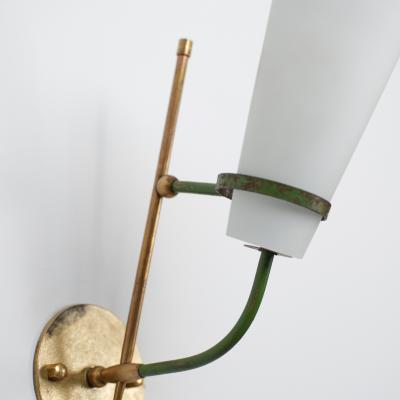 Pair of 1950s Italian Wall Sconces in Brass Green Metal and Opaline Glass