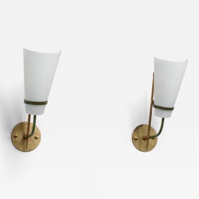 Pair of 1950s Italian Wall Sconces in Brass Green Metal and Opaline Glass