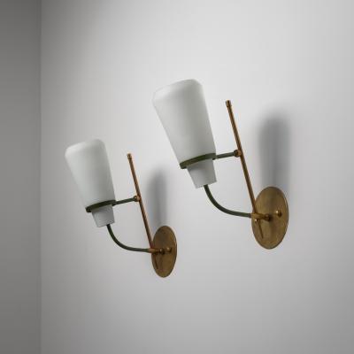 Pair of 1950s Italian Wall Sconces in Brass Green Steel and Opaline Glass