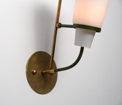 Pair of 1950s Italian Wall Sconces in Brass Green Steel and Opaline Glass