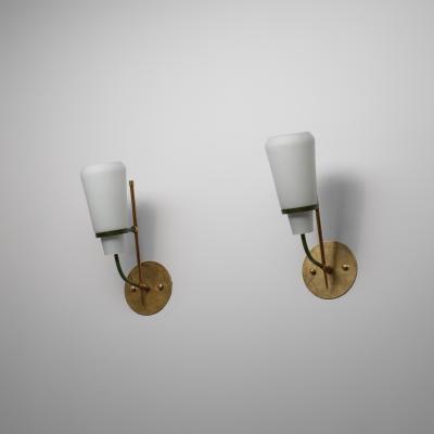Pair of 1950s Italian Wall Sconces in Brass Green Steel and Opaline Glass