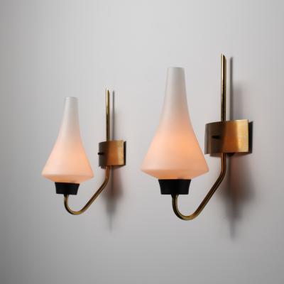 Pair of 1950s Italian Wall Sconces in Brass with Sculpted Opaline Glass Shades