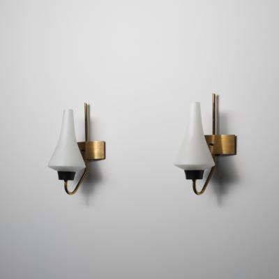 Pair of 1950s Italian Wall Sconces in Brass with Sculpted Opaline Glass Shades