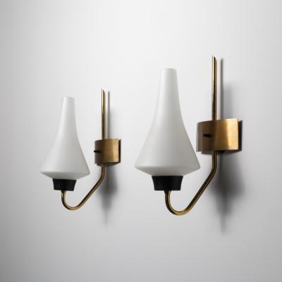 Pair of 1950s Italian Wall Sconces in Brass with Sculpted Opaline Glass Shades