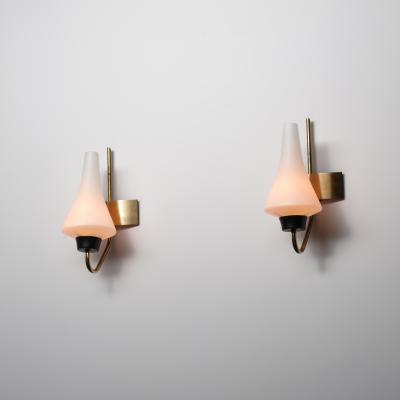 Pair of 1950s Italian Wall Sconces in Brass with Sculpted Opaline Glass Shades